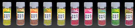 HHC Cannabinoid Guide: An array of some of the many varieties of HHC hemp-derived cannabis gummy jars we have available. 