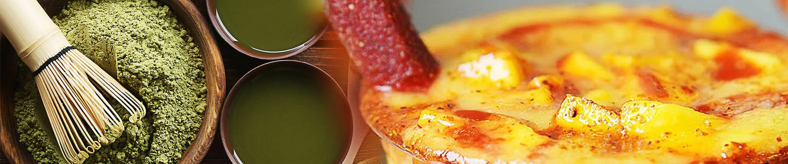 An image showing matcha green tea powder and a mangonada, two excellent refreshments suitable for adding CBD oral tincture to.