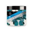 Delta-8 Blue Raspberry Gummies in a clear jar. The gummies are ring-shaped, with a white half and a blue half.