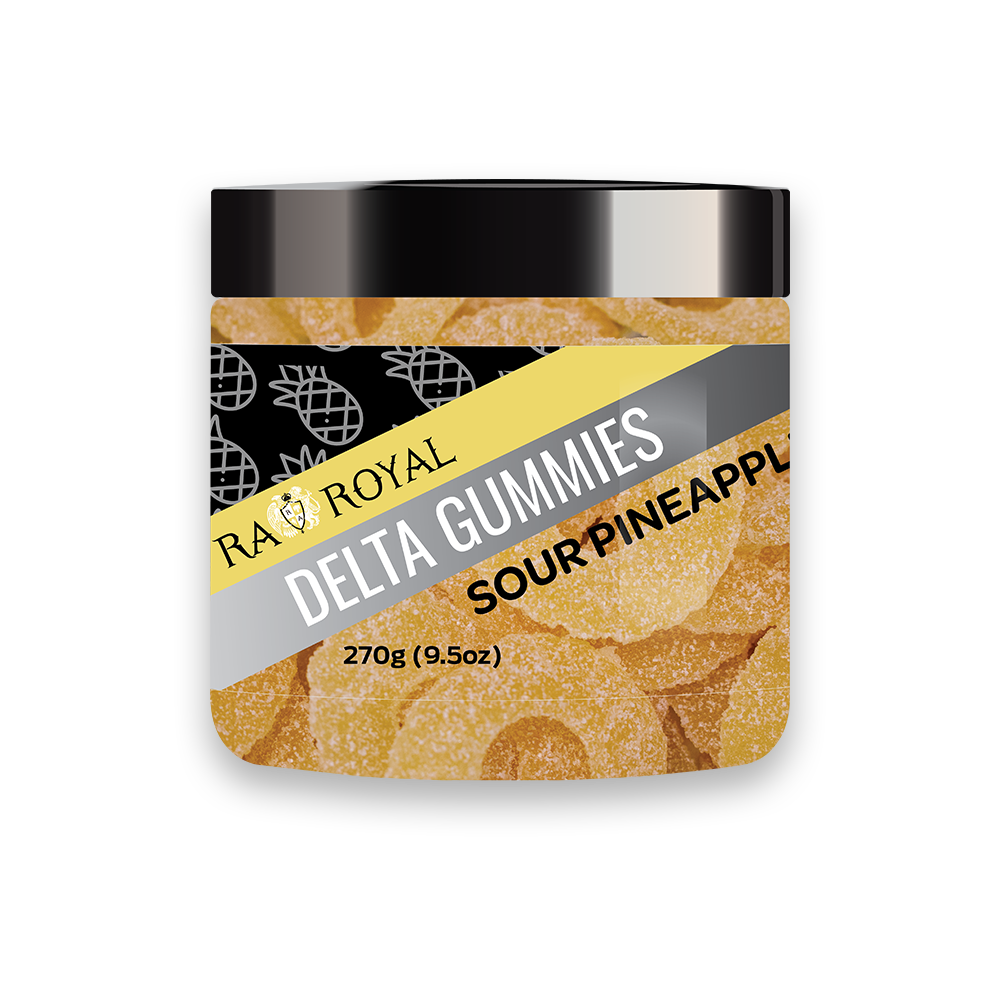 Delta-8 Sour Pineapple Gummies in a clear jar. Each tart gummy is ring shaped and the color of light amber.