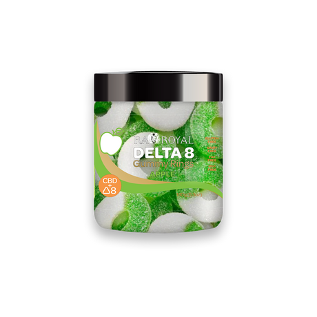 A clear jar of ring-shaped Delta-8 THC hemp-infused green apple gummies. Each ring is half green and half white.