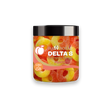 An image of our Delta-8 CBD Peach Gummies. There is a jar containing hemp-infused red and yellow candy gummy rings.