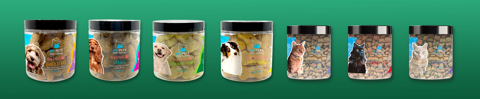 Four jars of Joypets CBD dog treats and three jars of CBD cat treats against a green gradient background. The best CBD for pet relief.