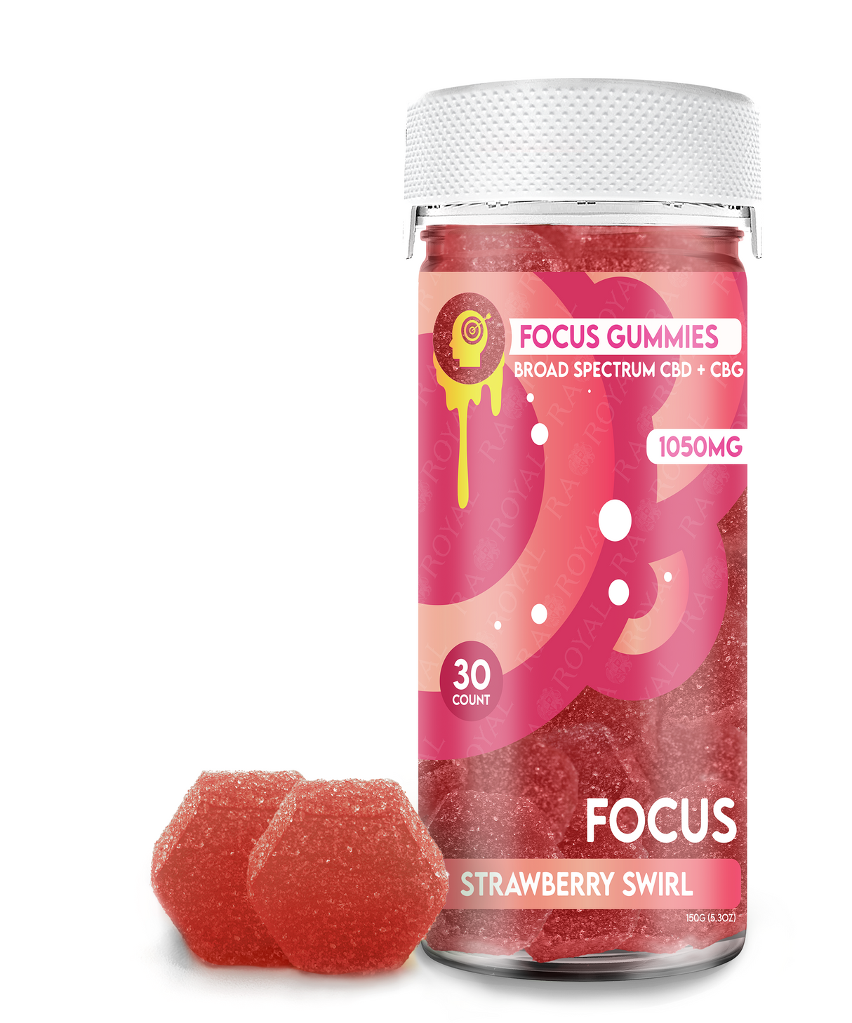 Broad Spectrum CBD+CBG 30CT Gummy Jar: Strawberry Swirl (Focus) – RA Royal Broad Spectrum CBD+CBG 30CT Gummy Jar: Strawberry Swirl (Focus) – RA Royal