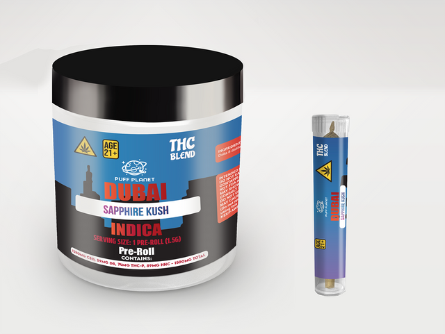 Puff Planet 12x1.5G THC Blend Preroll: Dubai Sapphire Kush (Indica)