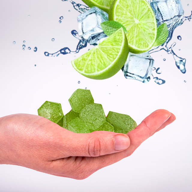 Stock image of model hand handing Lime gummy pieces