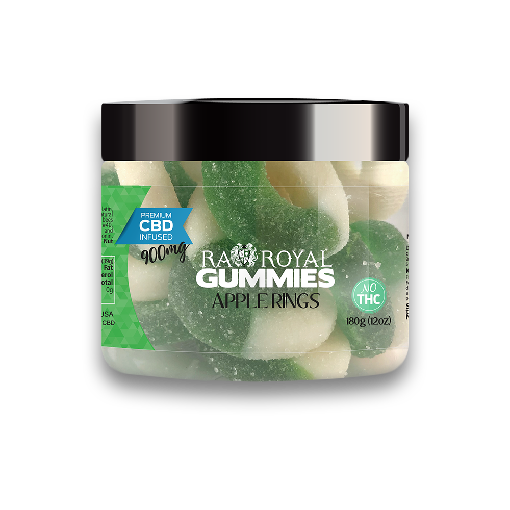 An image of our CBD Apple Hemp Gummies in a jar. They are ring-shaped, each half green and half white.