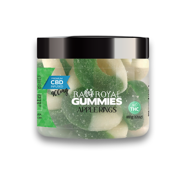 An image of our CBD Apple Hemp Gummies in a jar. They are ring-shaped, each half green and half white.