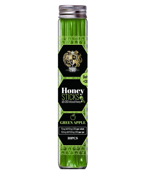 A jar of R.A. Royal Green Apple Delta-8 THC with CBD Honey Sticks.