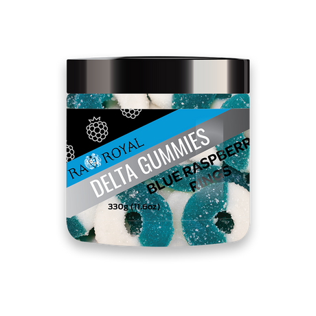 Delta-8 Blue Raspberry Gummies in a clear jar. The gummies are ring-shaped, with a white half and a blue half.