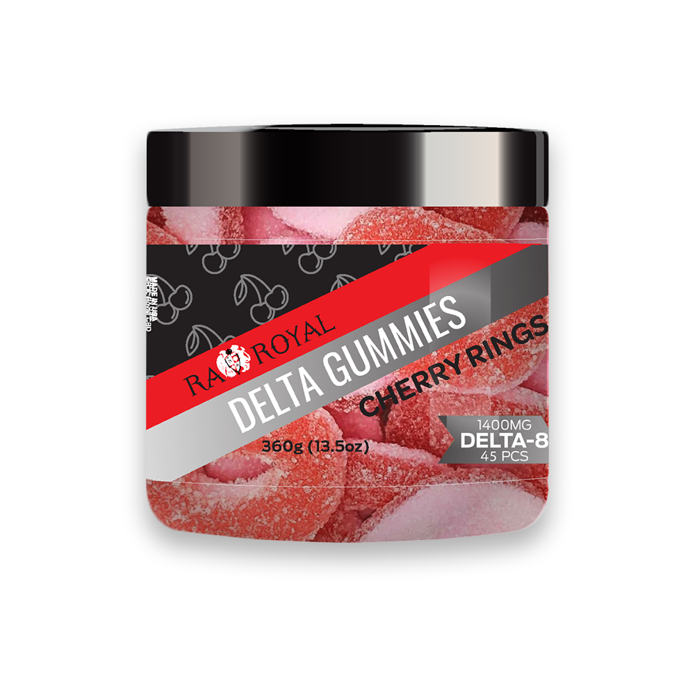 Delta-8 THC Cherry Gummies in a clear jar. Each sugar-dusted gummy is ring-shaped, with a red half and a white half.