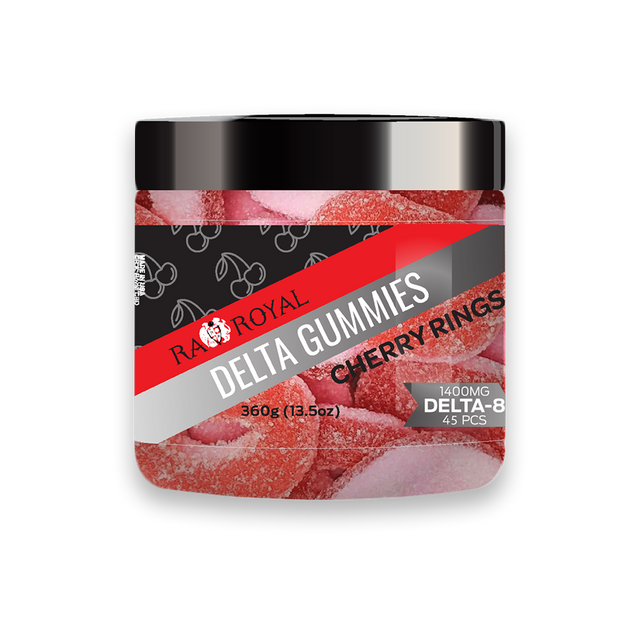 Delta-8 THC Cherry Gummies in a clear jar. Each sugar-dusted gummy is ring-shaped, with a red half and a white half.