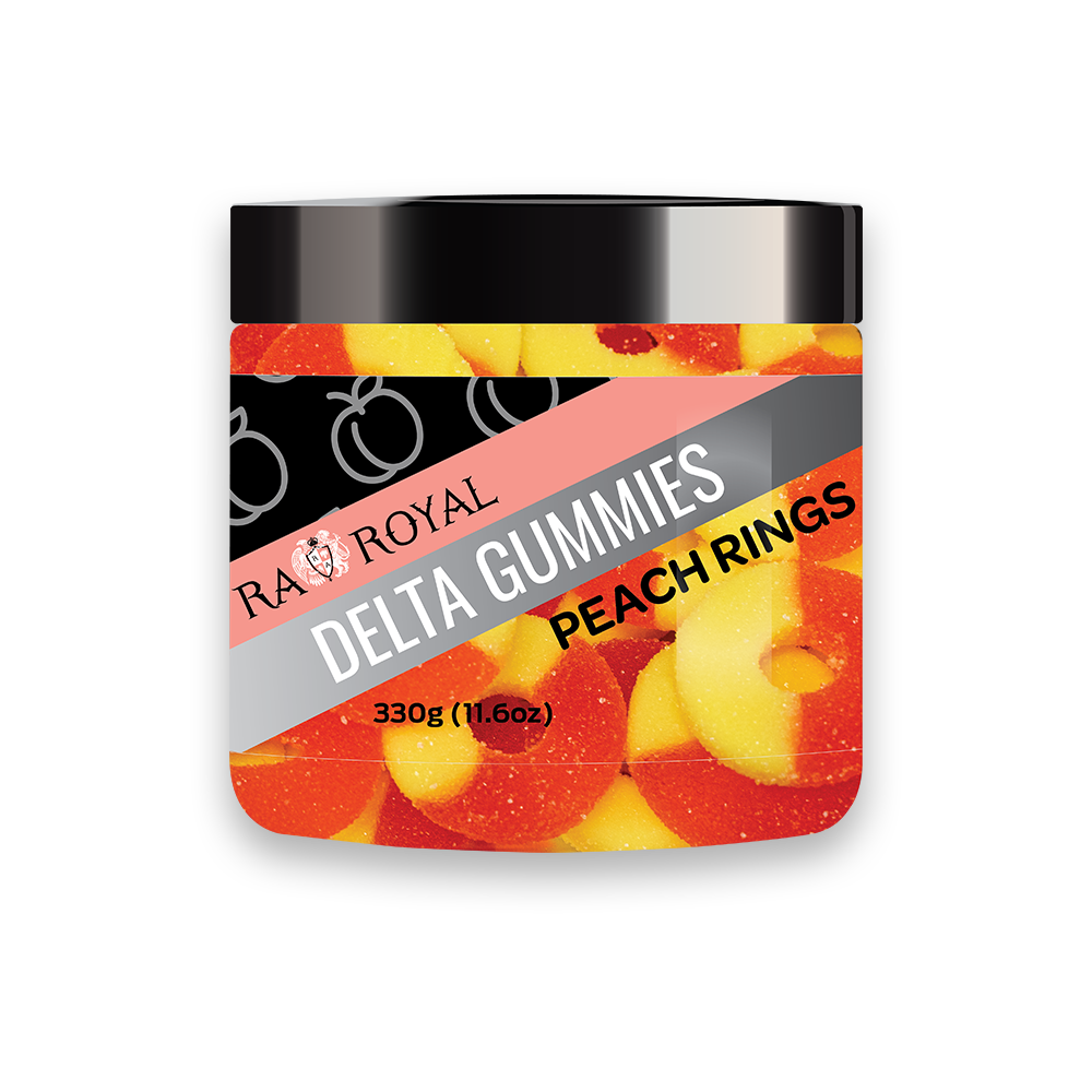 Delta-8 THC Peach Gummies in a clear jar. The gummies are ring-shaped, with a yellow half and a red half.