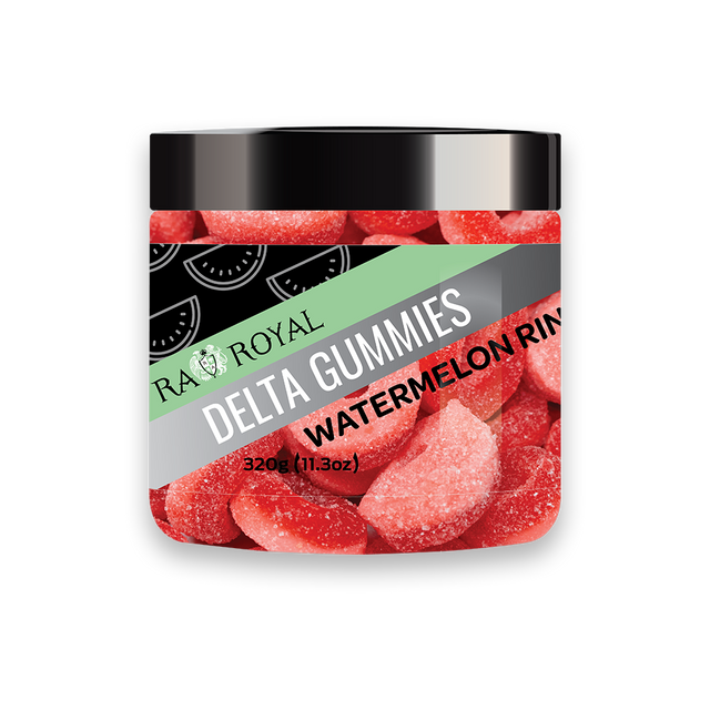 A clear jar of Delta-8 THC Watermelon Gummies. The gummies are red and dark pink ring-shaped confections.