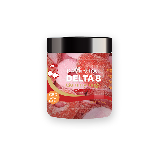 An image of our Delta-8 CBD Cherry Gummies. They are red and white ring-shaped hemp-infused candies. 