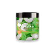 A clear jar of ring-shaped Delta-8 THC hemp-infused green apple gummies. Each ring is half green and half white.