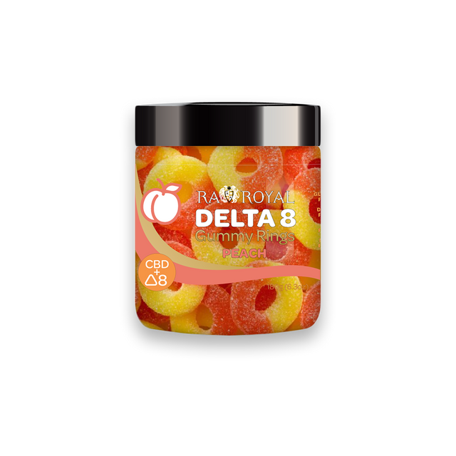 An image of our Delta-8 CBD Peach Gummies. There is a jar containing hemp-infused red and yellow candy gummy rings.