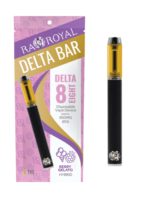 Our Delta-8 Berry Gelatto Vape Pens are packaged in a lavender pouch with purple and gold accents.