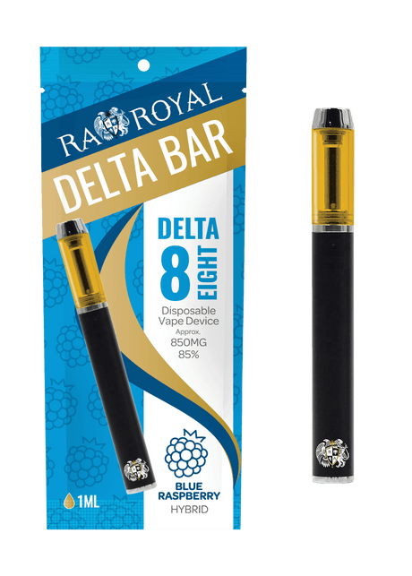Our Delta-8 Blue Raspberry Vape Pens are packaged in azure blue  pouches with gold and dark blue highlights. The vape pen, pictureed next to the pouch, is black with a clear tank full of vibrant gold distillate.