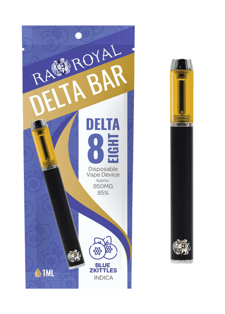 An image of a Delta-8 Blue Zkittles Vape Pen and its packaging. The pen is black with the R.A. Royal CBD logo. It has a glass tank filled with golden distillate. The pouch is lavender, dark purple, gold, and white.