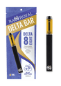 An image of a Delta-8 Blue Zkittles Vape Pen and its packaging. The pen is black with the R.A. Royal CBD logo. It has a glass tank filled with golden distillate. The pouch is lavender, dark purple, gold, and white.