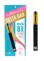 An image of our Delta-8 Cake Vape Pen with its packaging. The pen is black and silver, with a glass tank full of golden D8 THC distillate. 