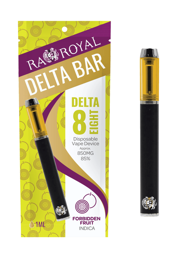 An image of our Delta-8 Forbidden Fruit Vape Pen with packaging. The pen is black and silver, with a glass tank full of golden D8 distillate.