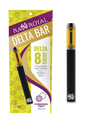 An image of our Delta-8 Forbidden Fruit Vape Pen with packaging. The pen is black and silver, with a glass tank full of golden D8 distillate.