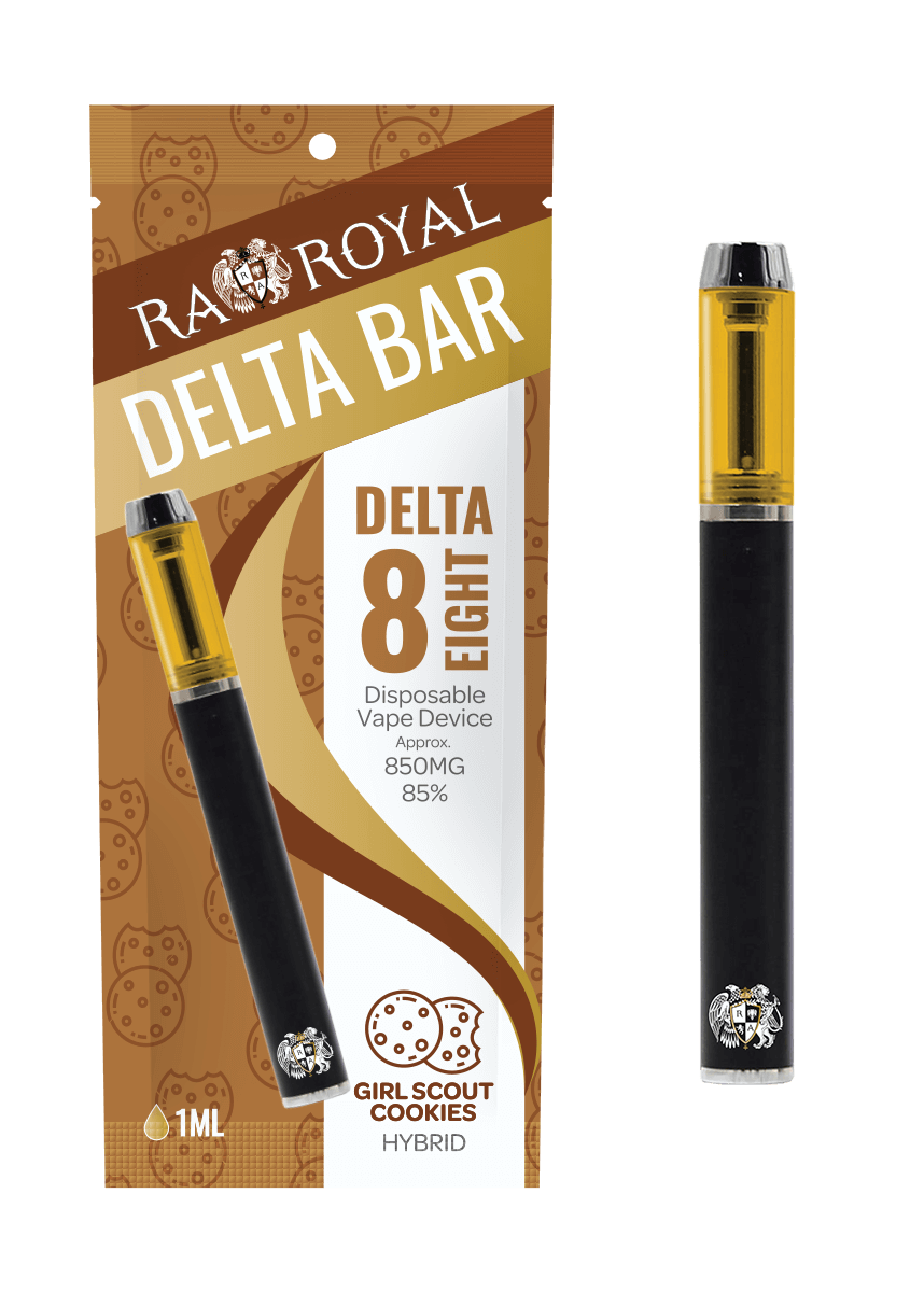An image of our Delta-8 Girl Scout Cookies Vape with its packaging. It is a black and silver vape pen with a glass tank full of gold D8 hemp distillate.