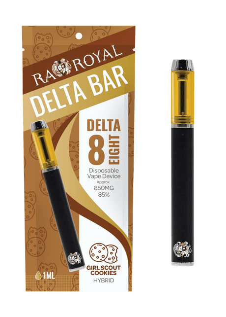 An image of our Delta-8 Girl Scout Cookies Vape with its packaging. It is a black and silver vape pen with a glass tank full of gold D8 hemp distillate.