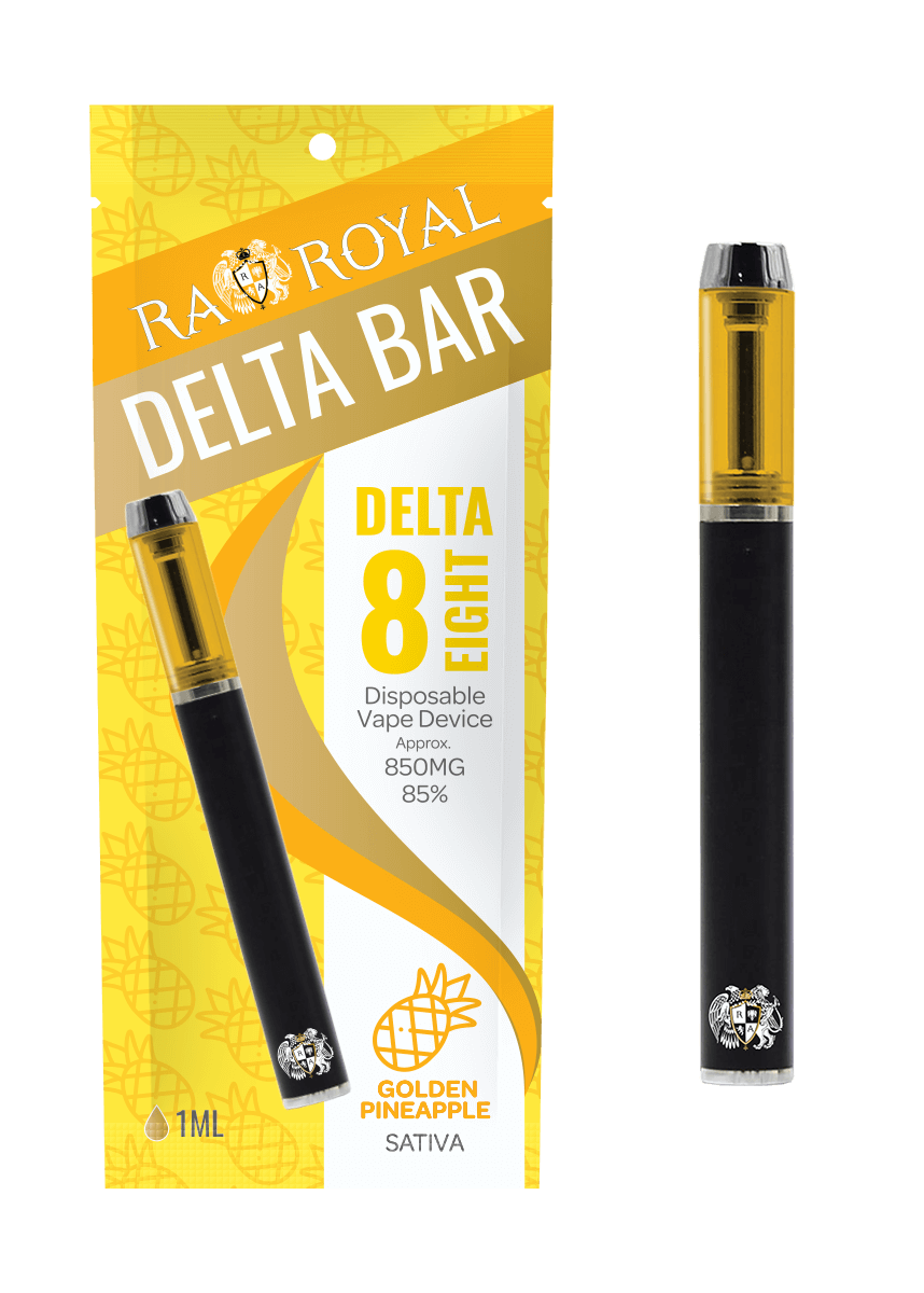 An image of our Delta-8 Golden Pineapple Vape Pen next to its packaging.  The pen is black and silver with a tank full of golden hemp-derived Delta-8 THC distillate.