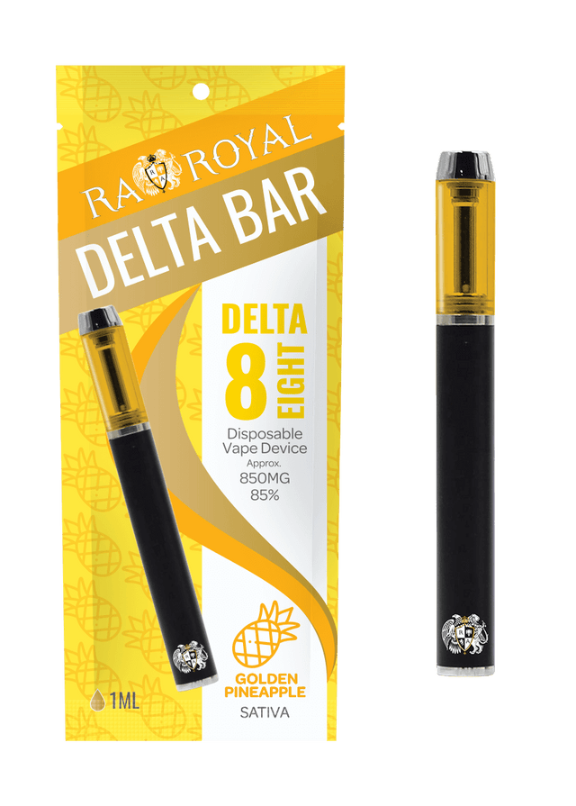 An image of our Delta-8 Golden Pineapple Vape Pen next to its packaging.  The pen is black and silver with a tank full of golden hemp-derived Delta-8 THC distillate.