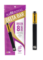 A Delta-8 Grape Ape Vape Pen is pictured next to its purple, gold, and white R.A. Royal packaging. It shows a black and silver pen with a glass tank full of golden hemp-derived delta-8 THC distillate. 