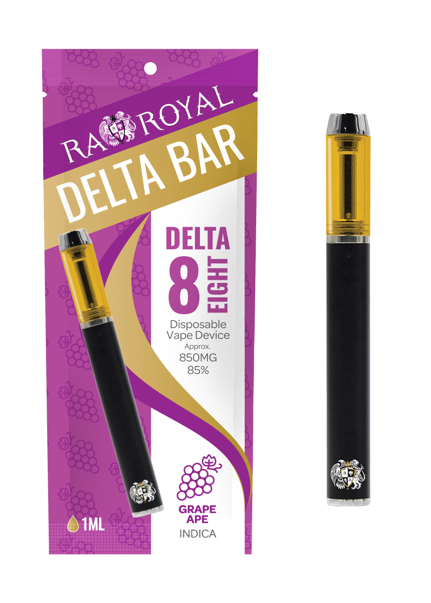 A Delta-8 Grape Ape Vape Pen is pictured next to its purple, gold, and white R.A. Royal packaging. It shows a black and silver pen with a glass tank full of golden hemp-derived delta-8 THC distillate. 