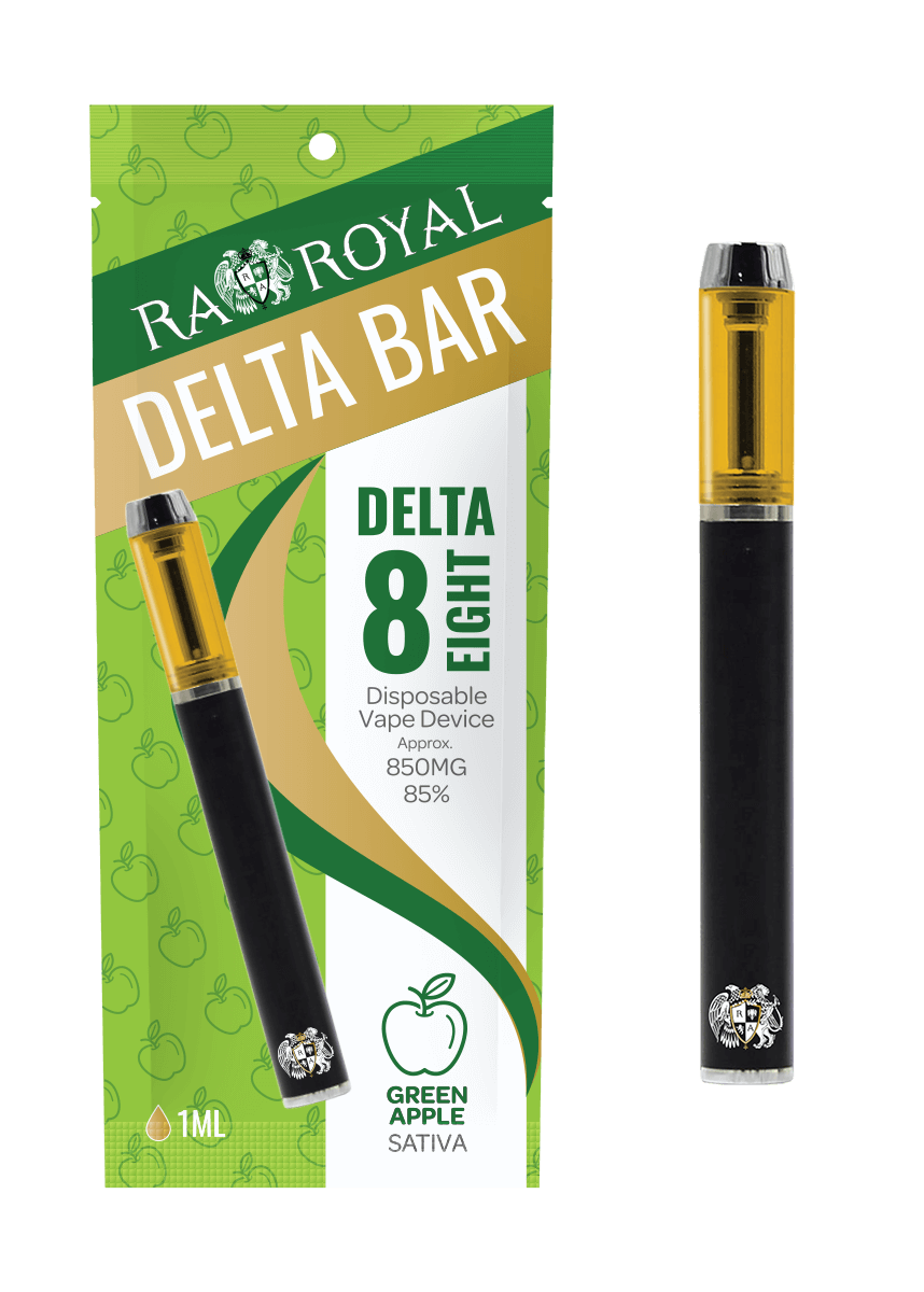 An image of our Delta-8 Green Apple Vape Pen next to its packaging. The pen is black and silver, with a glass tank full of golden delta-8 THC hemp distillate.