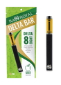 An image of our Delta-8 Green Apple Vape Pen next to its packaging. The pen is black and silver, with a glass tank full of golden delta-8 THC hemp distillate.