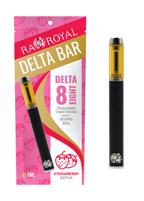 An image of our Delta-8 Strawberry Vape Pen next to its packaging. The pen is black and silver, with a glass tank full of gold delta-8 THC hemp distillate.
