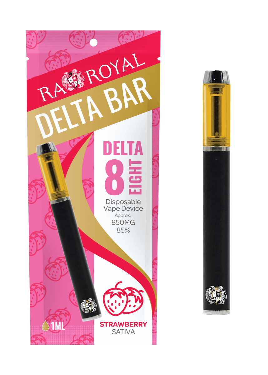 An image of our Delta-8 Strawberry Vape Pen next to its packaging. The pen is black and silver, with a glass tank full of gold delta-8 THC hemp distillate.