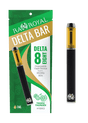 An image of our Delta-8 Tropic Thunder Vape Pen next to its packaging. The pen is black, and silver, with a glass tank full of gold delta-8 THC hemp distillate.