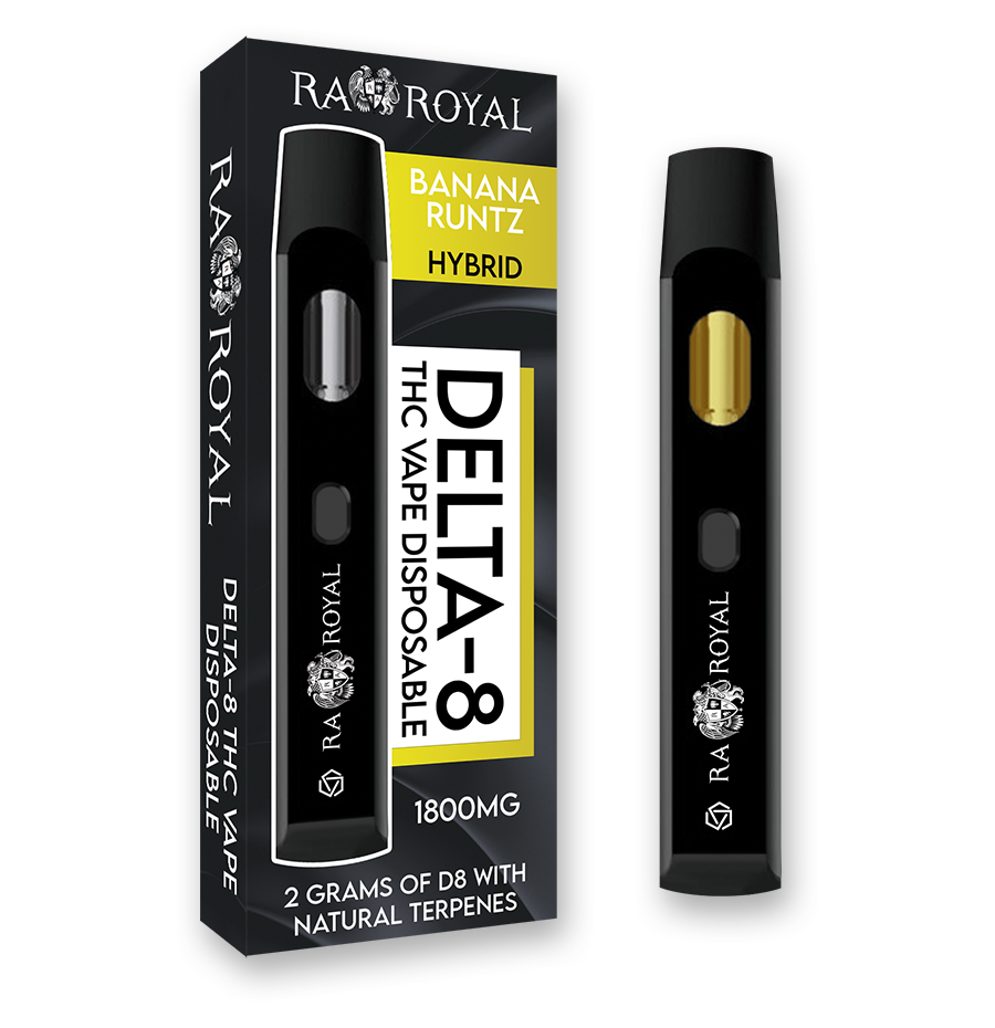 An image of our Delta-8 Banana Runtz Vape. It is a black device with the R.A. Royal name and logo printed on it in white. Its chamber holds golden D8 distillate.