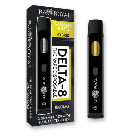 An image of our Delta-8 Banana Runtz Vape. It is a black device with the R.A. Royal name and logo printed on it in white. Its chamber holds golden D8 distillate.