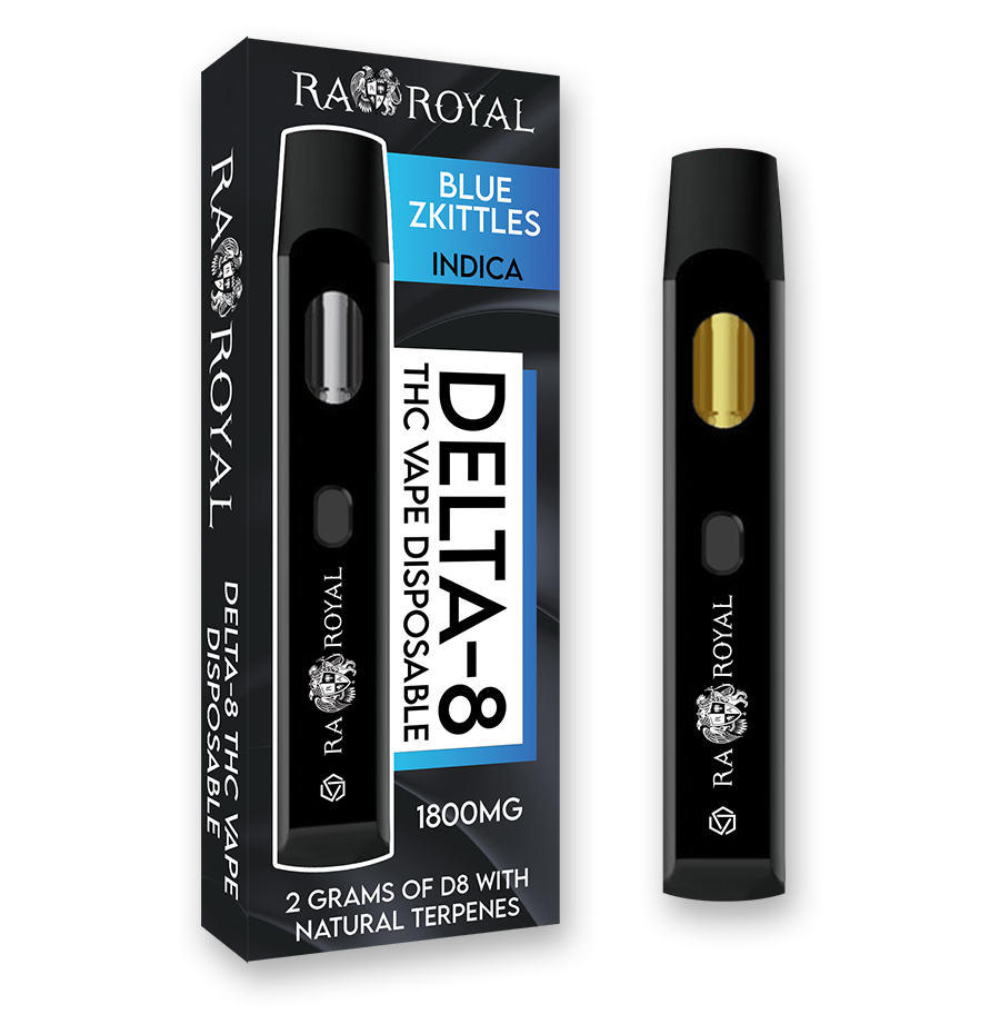 An image of our Delta-8 Blue Zkittles Vape. It is a black device with the R.A. Royal name and logo printed on it in white. Its chamber holds golden D8 distillate.