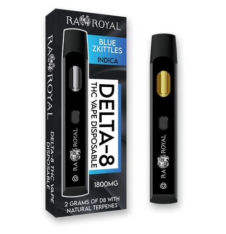 An image of our Delta-8 Blue Zkittles Vape. It is a black device with the R.A. Royal name and logo printed on it in white. Its chamber holds golden D8 distillate.
