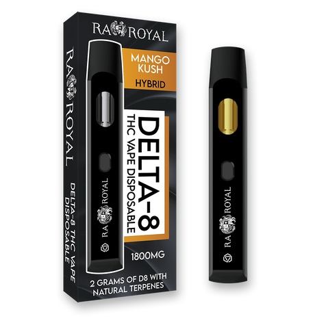 An image of our Delta-8 Mango Kush Vape. It is a black device with the R.A. Royal name and logo printed on it in white. Its chamber holds golden D8 distillate.