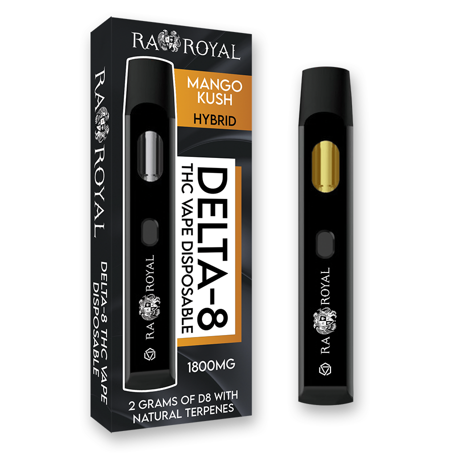 An image of our Delta-8 Mango Kush Vape. It is a black device with the R.A. Royal name and logo printed on it in white. Its chamber holds golden D8 distillate.