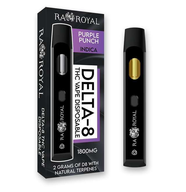 An image of our Delta-8 Purple Punch Vape. It is a black device with the R.A. Royal name and logo printed on it in white. Its chamber holds golden D8 distillate.