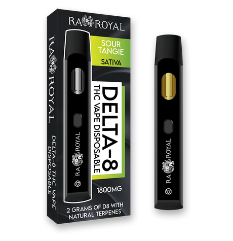 An image of our Delta-8 Sour Tangie Vape. It is a black device with the R.A. Royal name and logo printed on it in white. Its chamber holds golden D8 distillate.