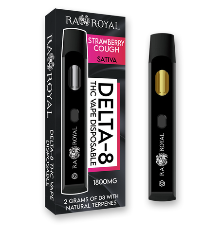 An image of our Delta-8 Strawberry Cough Vape. It is a black device with the R.A. Royal name and logo printed on it in white. Its chamber holds golden D8 distillate.