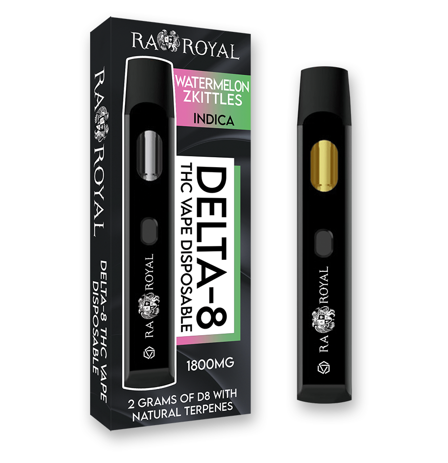 An image of our Delta-8 Watermelon Zkittles Vape. It is a black device with the R.A. Royal name and logo printed on it in white. Its chamber holds golden D8 distillate.