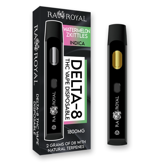 An image of our Delta-8 Watermelon Zkittles Vape. It is a black device with the R.A. Royal name and logo printed on it in white. Its chamber holds golden D8 distillate.
